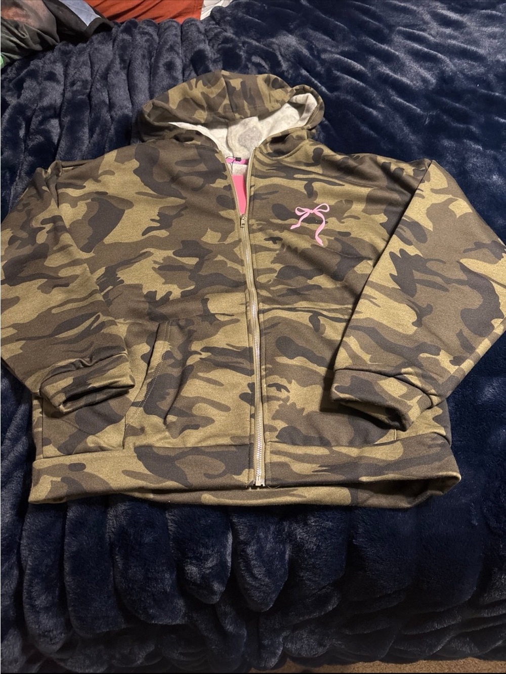 Edikted Olive & Brown Camo Zip Hoodie with Pink Bow